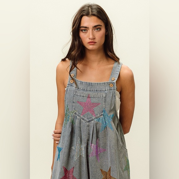 BiBi Star Rhinestone Washed Wide Leg Shortalls - Picture 9 of 14